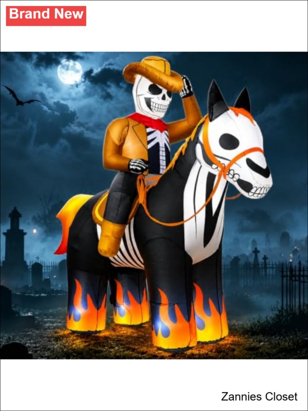 👻 7FT Halloween Inflatable Skeleton Cowboy Riding Flame-Hoofed Skeletal Horse
